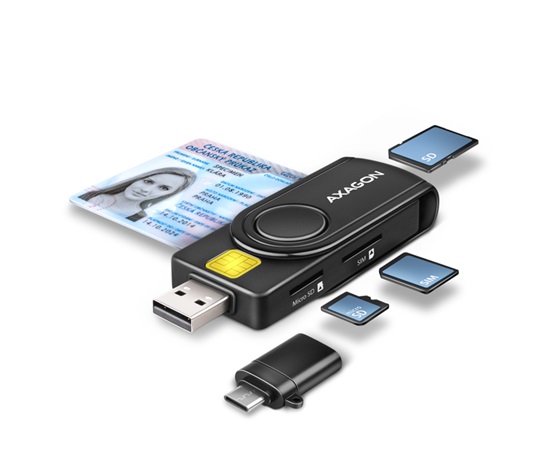 AXAGON CRE-SMP2A, USB-A + USB-C PocketReader 4-slot čítačka Smart card (eID klient) + SD/microSD/SIM