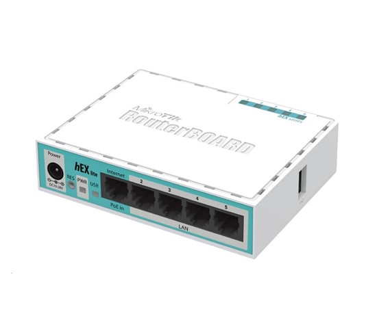 MikroTik RouterBOARD hEX lite, 850MHz CPU, 64MB RAM, 5x LAN, vrátane. Licencia L4