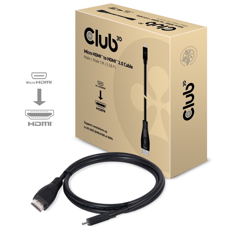 Obr. Club-3D Micro HDMI™ to HDMI™ 2.0 Cable, Male/Male 1 M./ 3.28 Ft. 4K@60Hz BI-DIRECTIONAL 875039a