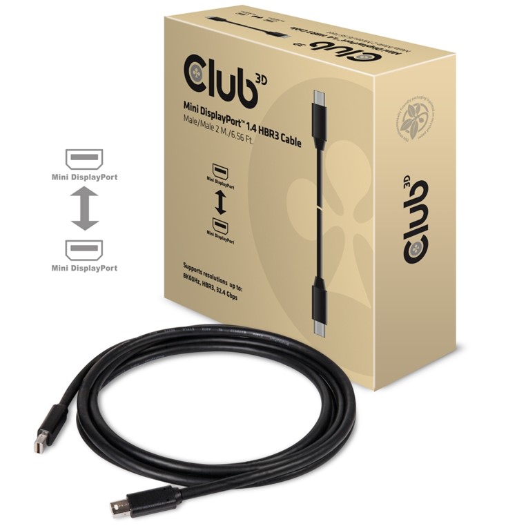 Obr. Club-3D MINI DISPLAY PORT 1.4 MALE TO MINIDISPLAY PORT MALE CABLE 2 METERS / 6.5FEET 8K@60HZ BI-DIRECTIONAL 875172a