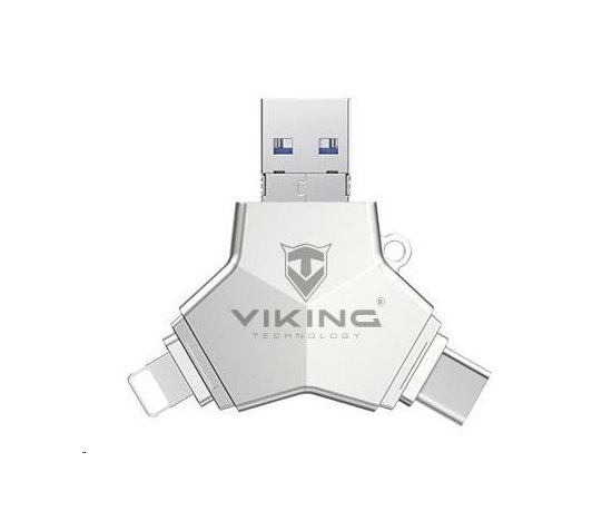 USB Flash disk Viking 3.0 4v1 s konektorom Lightning/Micro USB/USB/USB-C, 64 GB, strieborná