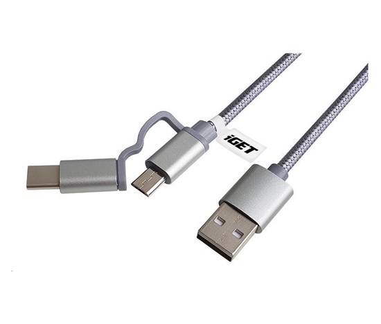 iGET G2V1 USB kábel 2v1, 1 m, strieborný, microUSB a USB-C, predĺžené konce