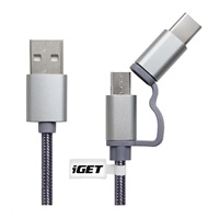 iGET G2V1 USB kábel 2v1, 1 m, strieborný, microUSB a USB-C, predĺžené konce