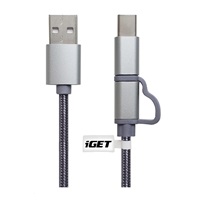 iGET G2V1 USB kábel 2v1, 1 m, strieborný, microUSB a USB-C, predĺžené konce