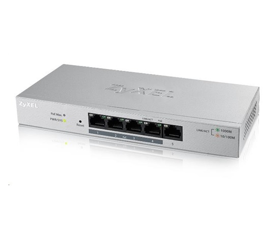 Zyxel GS1200-5HPv2 5-portový stolový gigabitový webový inteligentný PoE switch, 4x PoE+ GbE, PoE 60W, bez ventilátora