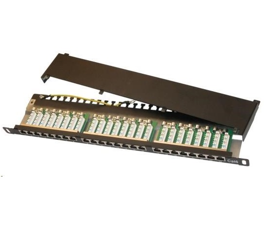 19"/0,5U Patch panel XtendLan 24port, STP, Cat6, 30µm, blok110, čierny