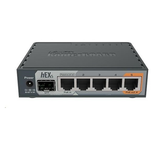MikroTik RouterBOARD hEX S, 880MHz dvojjadrový CPU, 256MB RAM, 5x LAN, 1x SFP, PoE in/out, USB, microSD slot, vrátane. Licencia L4