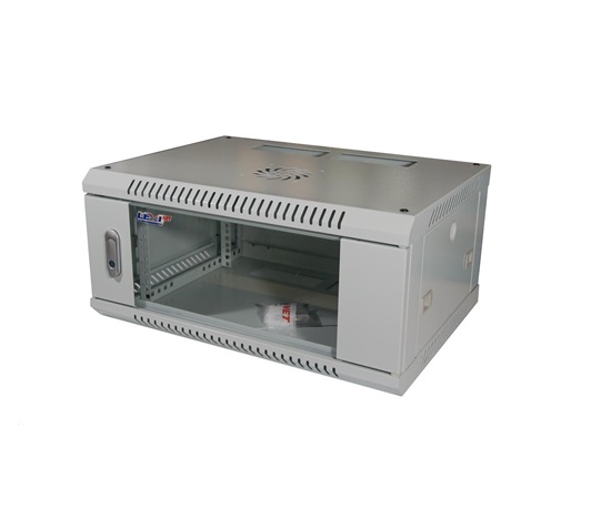 LEXI 19" nástenný rack 4U, šírka 600 mm, hĺbka 450 mm, sklenené dvere, nosnosť 60 kg, dodávaný v rozloženom stave, sivá farba