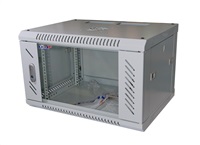 19" nástenný 6U rack LEXI, šírka 600 mm, hĺbka 450 mm, sklenené dvere, nosnosť 60 kg, dodávaný v rozloženom stave, sivá farba
