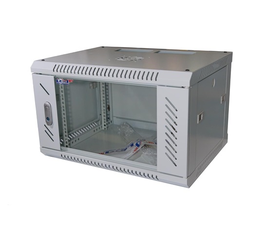 19" nástenný 6U rack LEXI, šírka 600 mm, hĺbka 450 mm, sklenené dvere, nosnosť 60 kg, dodávaný v rozloženom stave, sivá farba