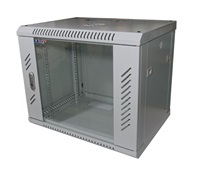 19" nástenný 9U rack LEXI, šírka 600 mm, hĺbka 450 mm, sklenené dvere, nosnosť 60 kg, dodávaný v rozloženom stave, sivá farba