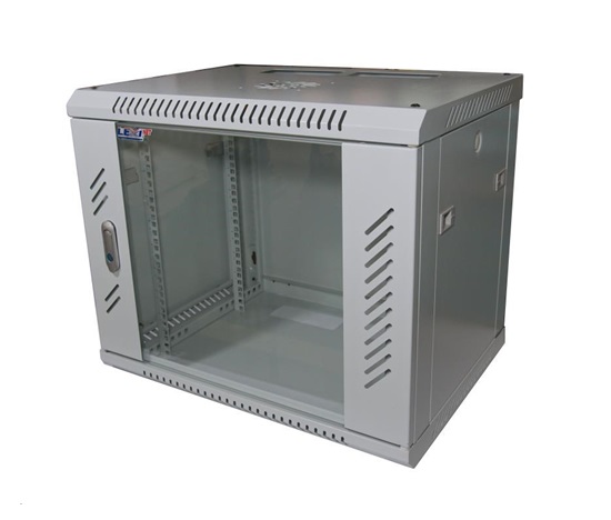 19" nástenný 9U rack LEXI, šírka 600 mm, hĺbka 450 mm, sklenené dvere, nosnosť 60 kg, dodávaný v rozloženom stave, sivá farba