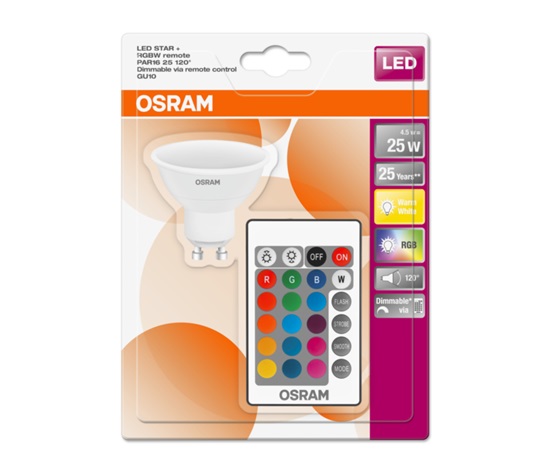 OSRAM LED STAR+ PAR16 RGBW 120° 4,5W 827 GU10 250lm 2700K (CRI 80) 25000h A DIMmable Rem Ctrl (Blistr 1ks)