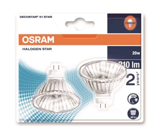 OSRAM Halogen Decostar Star  44860 ST WFL 12V 20W  GU5,3 noDIM C Sklo 480cdlm 2700K 4000h (blistr 2ks)