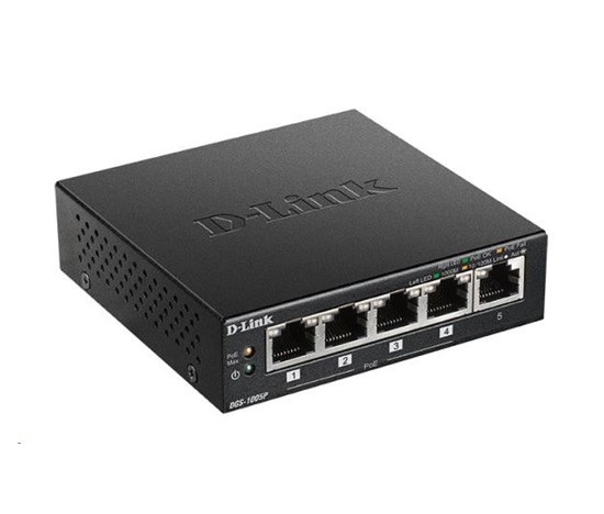 D-Link DGS-1005P 5-portový gigabitový stolový prepínač PoE+, 4 porty PoE+, rozpočet PoE 60 W