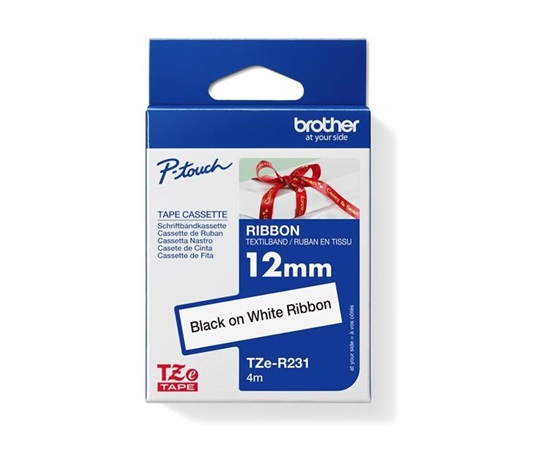BROTHER TZE-R231 - 12 mm široká kazeta s TZ páskou, 4 m TEXTILNÁ páska - na výrobu darčekov - NELEPÍ - BIELA PÁSKA, ČIERNY POTISK