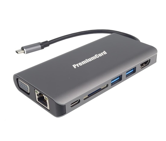 Prevodník PREMIUMCORD USB3.1 typ C na HDMI+VGA+RJ45+2xUSB3.0+SD karta +3,5 mm+PD nabíjanie