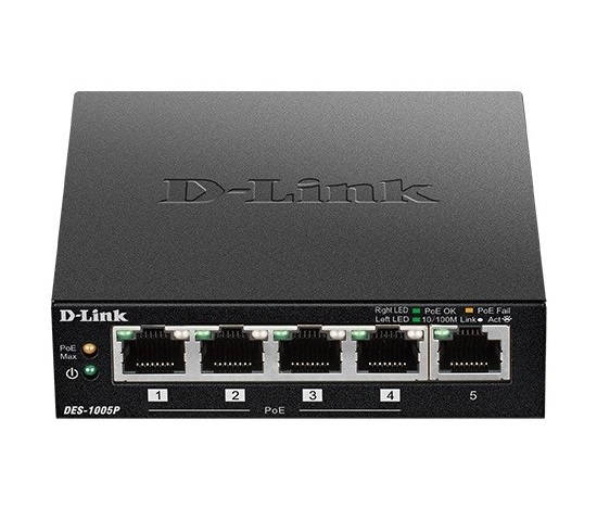 D-Link DES-1005P B1 5-portový 10/100 PoE stolový prepínač, 4x PoE+, 60W pre PoE