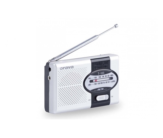 Orava T-103 přenosné kapesní rádio AM/FM, výstup na sluchátka, teleskopická anténa, stříbrná