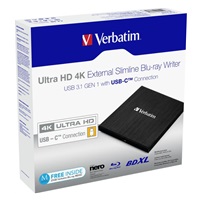 VERBATIM Ultra HD 4K Blu-ray externá slimline napaľovačka (USB 3.1, USB-C) + bezplatné 25GB médium