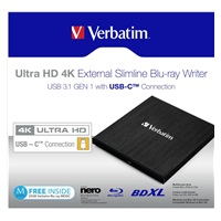 VERBATIM Ultra HD 4K Blu-ray externá slimline napaľovačka (USB 3.1, USB-C) + bezplatné 25GB médium
