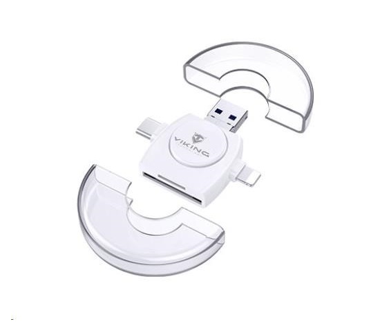 Čítačka pamäťových kariet Viking OTG SD a Micro SD 4v1 s konektorom APPLE Lightning / Micro USB / USB 3.0 / USB-C, biela