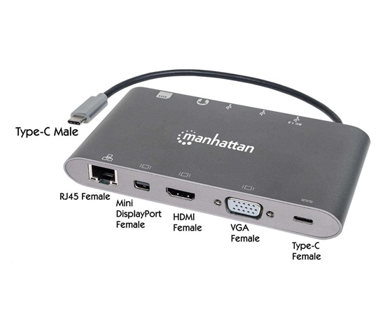 MANHATTAN Dokovacia stanica USB-C na HDMI, Mini DP, VGA, 3xUSB 3.0, port USB-C PD, RJ 45, čítačka kariet, 3,5 mm