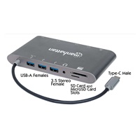 MANHATTAN Dokovacia stanica USB-C na HDMI, Mini DP, VGA, 3xUSB 3.0, port USB-C PD, RJ 45, čítačka kariet, 3,5 mm