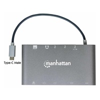 MANHATTAN Dokovacia stanica USB-C na HDMI, Mini DP, VGA, 3xUSB 3.0, port USB-C PD, RJ 45, čítačka kariet, 3,5 mm