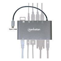 MANHATTAN Dokovacia stanica USB-C na HDMI, Mini DP, VGA, 3xUSB 3.0, port USB-C PD, RJ 45, čítačka kariet, 3,5 mm