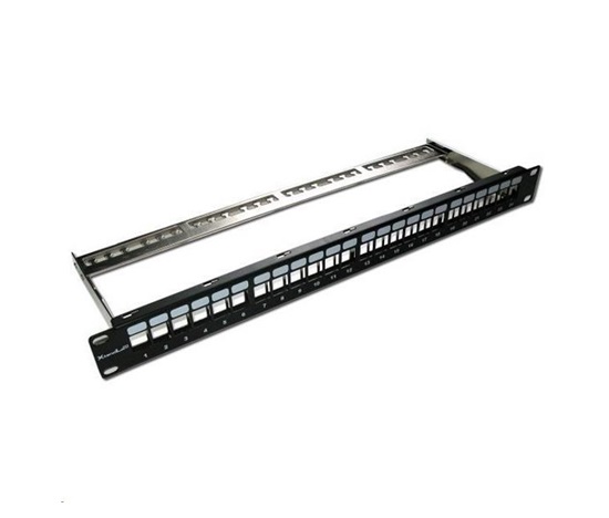 XtendLan Patch panel 19", 24 portů, neosazený, stíněný, černý, Cat5e/6/6A/7, odnimatelný  vyvazovák