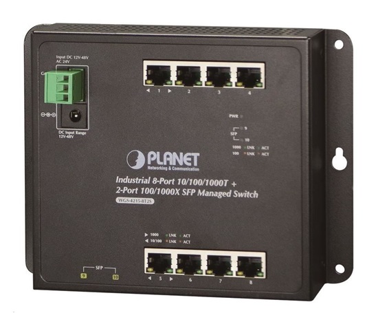 Prepínač Planet WGS-4215-8T2S, správa cez web/SNMP, DIN, IP30, -40~75°C, duálny DC, bez ventilátora