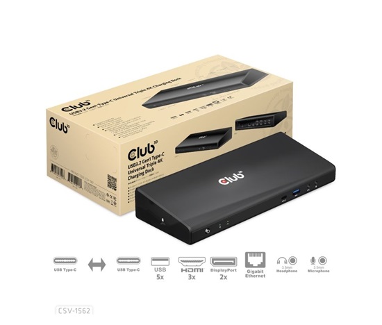 Dokovacia stanica USB Club3D 3.2 typy C (5xUSB/USB-C/3xHDMI/2xDP/Ethernet/Audio) s univerzálnym trojitým napájacím adaptérom 4K
