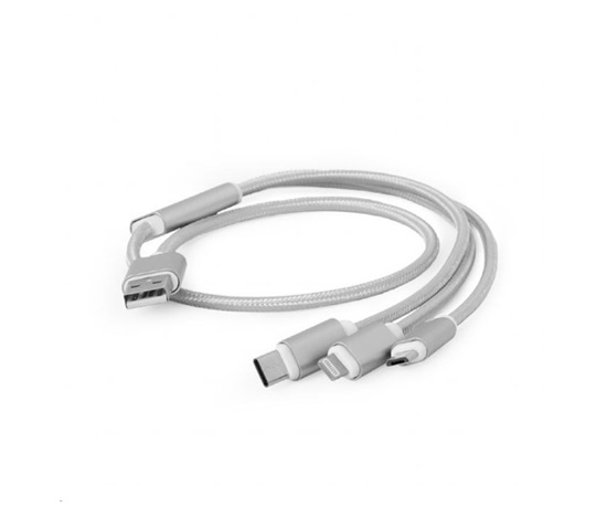 GEMBIRD kábel CABLEXPERT USB A Male/Micro B + Type-C + Lightning, 1 m, opletený, strieborný, blister