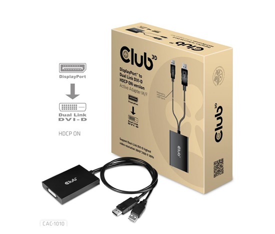 Club3D Aktívny adaptér DisplayPort na Dual Link DVI-D, napájanie USB, 60 cm, HDCP ON