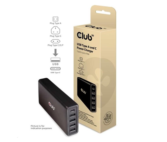 Nabíjačka Club3D USB typu A a C, 5 portov, 111 W
