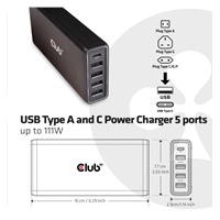 Nabíjačka Club3D USB typu A a C, 5 portov, 111 W