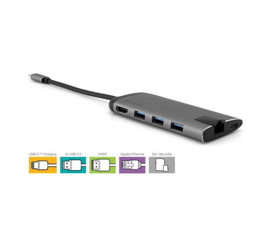 VERBATIM 49142 Multiportový HUB USB-C, 3x USB 3.0, 1x USB-C, HDMI, LAN, SD, microSD, šedý dok