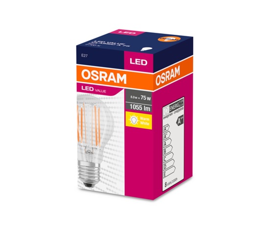 OSRAM LED Filament VALUE ClasA  230V 8W 827 E27 noDIM A++ Sklo čiré 1055lm 2700K 10000h (krabička 1ks)