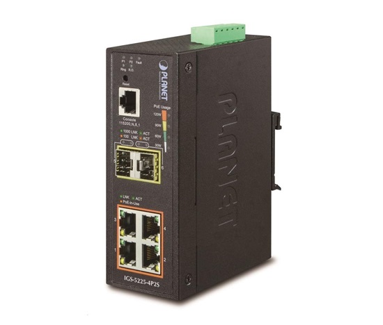 Prepínač Planet IGS-5225-4P2S, priemyselný 4x10/100/1000T, 2x100/1000X SFP, -40~+75°C, PoE
