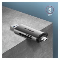 AXAGON CRE-SAC, USB3.externá čítačka kariet SD/microSD 2 Gen 1 Type-C + Type-A, podpora UHS-I