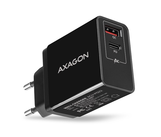AXAGON ACU-PQ22, sieťová nabíjačka PD & QC 22 W, 2x port (USB-A + USB-C), PD3.0/QC3.0/AFC/FCP/Apple, čierna