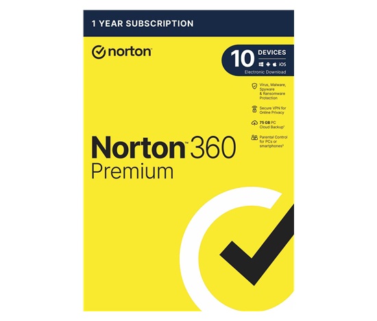 NORTON 360 PREMIUM 75GB +VPN 1 používateľ pre 10 zariadení na 1 rok ESD
