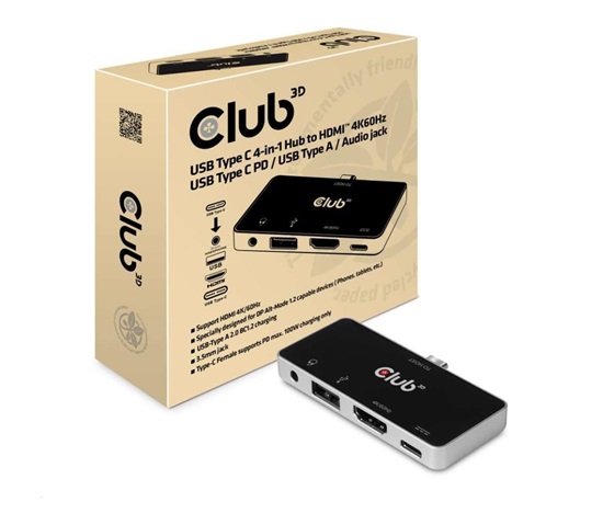 Club3D hub pro mobilní telefony USB Type C 4-in-1 Hub to HDMI™ 4K60Hz USB Type C PD / USB Type A / Audio jack