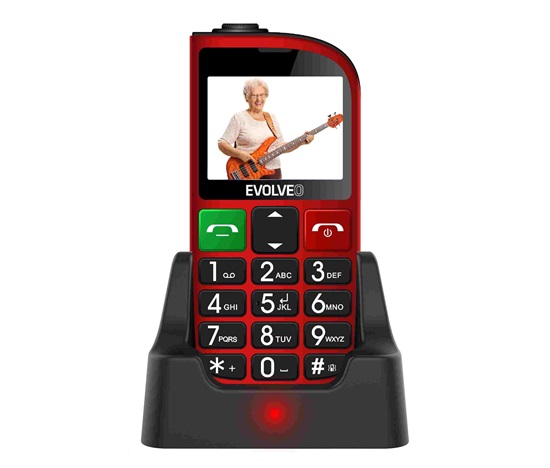 EVOLVEO EasyPhone FM, mobilný telefón pre seniorov s nabíjacím stojanom (červený)