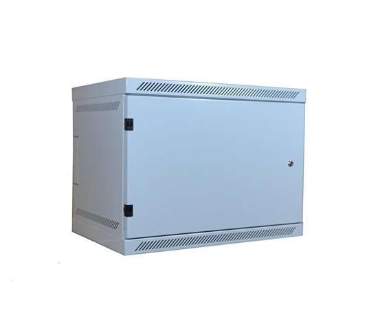 19" nástenná skriňa LEXI 9U, plné dvere, uzamykateľná, antivandal, hĺbka 400 mm, nosnosť 60 kg, sivá