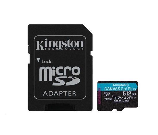 Kingston MicroSDXC karta 512GB Canvas Go! Plus, R:170/W:90MB/s, Class 10, UHS-I, U3, V30, A2 + Adaptér