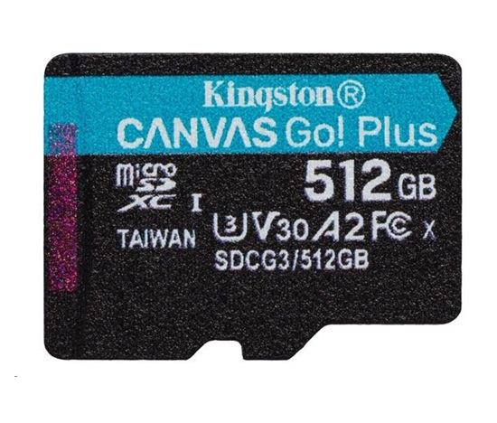 Kingston MicroSDXC karta 512GB Canvas Go! Plus, R:170/W:90MB/s, Class 10, UHS-I, U3, V30, A2