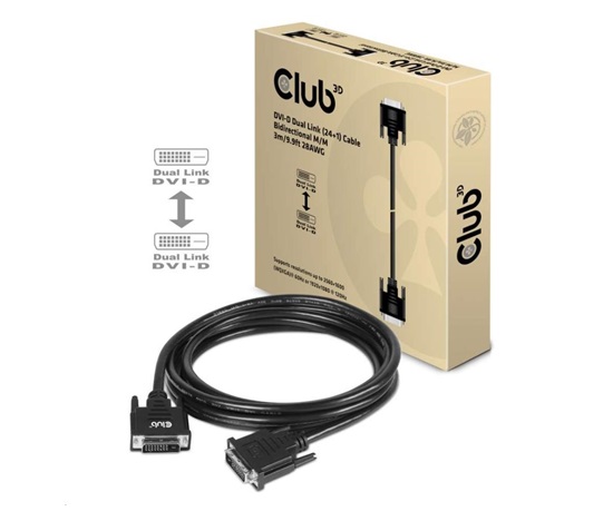 Club3D DVI-D Dual Link kábel (24+1), 3 m, obojsmerný, 28 AWG