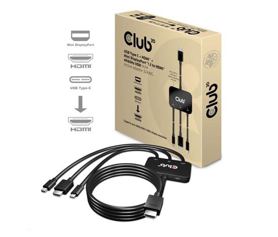 Club3D Active USB Type-C + Mini DP adaptér 1.2+ HDMI na HDMI 4K60Hz HDR, M/M, 32AWG